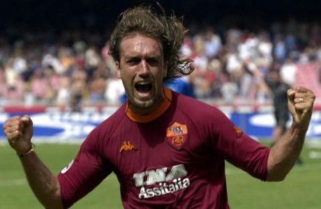AS Roma's superstar Gabriel Batistuta of Argentina reacts after scoring during the Serie A Italian top league Napoli vs AS Roma soccer match in Naples' San Paolo stadium, southern Italy, Sunday, June 10, 2001. (AP Photo/Andrew Medichini)