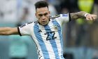 Argentina's Lautaro Martinez in action during the World Cup quarterfinal soccer match between the Netherlands and Argentina, at the Lusail Stadium in Lusail, Qatar, Saturday, Dec. 10, 2022. (AP Photo/Jorge Saenz)