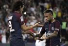 PSG's Edinson Cavani, left, reacts with teammate Neymar after a goal was scored, during the French League One soccer match between Paris Saint Germain and Saint Etienne at the Parc des Princes stadium in Paris, France, Friday, Aug. 25, 2017. (AP Photo/Kamil Zihnioglu)