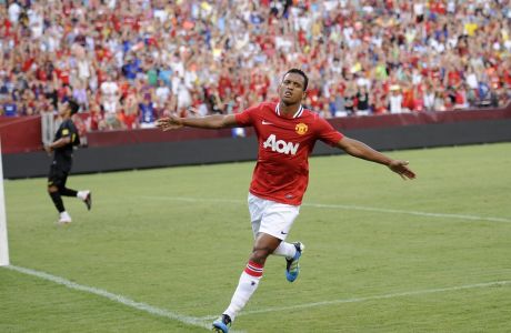 Manchester United's Nani celebrates his goal against FC Barcelona during the first half of a World Football Challenge 2011 soccer game Saturday, July 30, 2011, in Landover, Md. (AP Photo/Nick Wass)