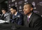Isaiah Thomas, the Sacramento Kings a second round pick, the 60th overall in Thursday's NBA draft, responds to a question as Tyler Honeycutt, the Sacramento Kings second round pick, 35th overall, center and Jimmer Fredette, the Kings first round pick, 10th, overall look on during a news conference in Sacramento,  Calif., Saturday, June 25, 2011.  Thomas is a 5-9 guard from Washington.  Honeycutt is a 6-8 forward from UCLA and Fredette is a 6-2 guard from BYU. (AP Photo/Rich Pedroncelli)