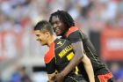 May 29, 2013; Cleveland, OH, USA; Belgium forward Kevin Mirallas (7) celebrates his goal in the first half with forward Romelu Lukaku (9) against the United States at FirstEnergy Stadium. Belgium won 4-2. Mandatory Credit: David Richard-USA TODAY Sports