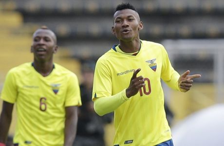 Ecuador's Bryan Cabezas, right, and his teammate Pervis Estupinan, celebrate his goal against Colombia during a U-20 South America qualifying soccer tournament match for the 2017 South Korea U-20 World Cup, in Quito, Ecuador, Wednesday, Feb. 8, 2017. (AP Photo/Dolores Ochoa)