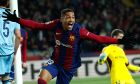 Barcelona's Vitor Roque celebrates after scoring against Osasuna during a Spanish La Liga soccer match between Barcelona and Osasuna at the Olimpic Lluis Companys stadium in Barcelona, Spain, Wednesday, Jan. 31, 2024. (AP Photo/Joan Monfort)