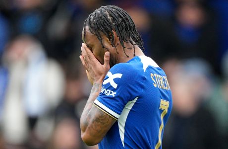 Chelsea's Raheem Sterling reacts after missing a penalty during the FA Cup quarterfinal soccer match between Chelsea and Leicester City at Stamford Bridge in London, Sunday, March 17, 2024. (AP Photo/Dave Shopland)