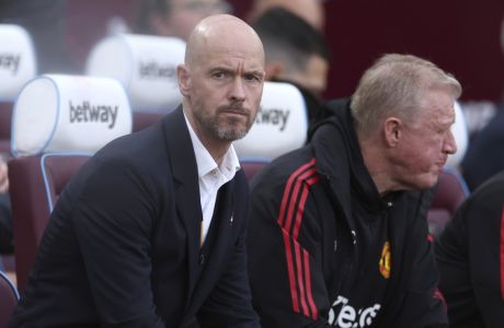 Manchester United's head coach Erik ten Hag waits for the start of the English Premier League soccer match between West Ham United and Manchester United at the London Stadium in London, England, Sunday, May 7, 2023. (AP Photo/Ian Walton)