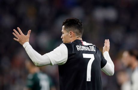 Juventus' Cristiano Ronaldo gestures during a Serie A soccer match between Juventus and Bologna, at the Allianz stadium in Turin, Italy, Saturday, Oct.19, 2019. (AP Photo/Luca Bruno)