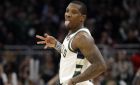 Milwaukee Bucks' Eric Bledsoe reacts after making a 3-pointer during the second half of an NBA basketball game against the New York Knicks, Monday, Oct. 22, 2018, in Milwaukee. The Bucks won 124-113. (AP Photo/Aaron Gash)
