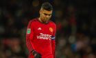 Manchester United's Casemiro leaves the pitch after the first half during the EFL Cup fourth round soccer match between Manchester United and Newcastle at Old Trafford stadium in Manchester, England, Wednesday, Nov. 1, 2023. (AP Photo/Dave Thompson)