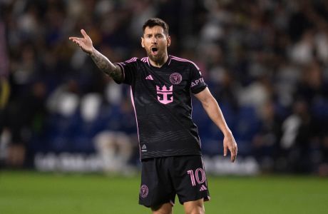 Inter Miami forward Lionel Messi (10) gestures during the second half of an MLS soccer match against the Los Angeles Galaxy, Sunday, Feb. 25, 2024, in Carson, Calif. (AP Photo/Kyusung Gong)