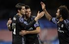 Real Madrid's Alvaro Morata, left, celebrates with Pepe and Marcelo, right, after scoring his side's third goal during the Champions League round of 16, second leg, soccer match between Napoli and Real Madrid at the San Paolo stadium in Naples, Italy, Tuesday March 7, 2017. (AP Photo/Andrew Medichini)
