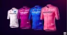 Οι τέσσερις επίσημες φανέλες του φετινού Giro d'Italia, λευκή, μωβ, μπλε και ροζ.