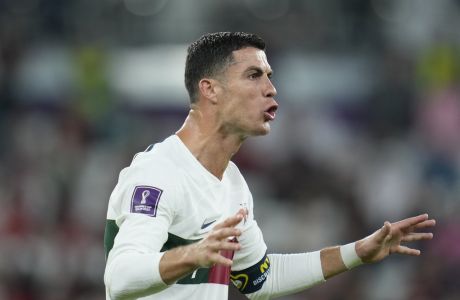 Portugal's Cristiano Ronaldo gestures during the World Cup quarterfinal soccer match between Morocco and Portugal, at Al Thumama Stadium in Doha, Qatar, Saturday, Dec. 10, 2022. (AP Photo/Ricardo Mazalan)