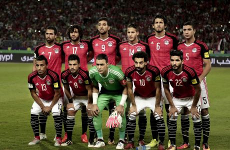 FILE - In this Sunday, Oct. 8, 2017, file photo, Egypt's national football team pose for a photograph ahead of the 2018 World Cup group E qualifying soccer match between Egypt and Congo at the Borg El Arab Stadium in Alexandria, Egypt. Emboldened by his global star power, Mohamed Salah has said out loud what many of his Egyptian teammates have been saying in private for weeks: Failure by the national federation to enforce discipline and stop meddling by sponsors was mostly to blame for the Pharaohs' miserable World Cup run in Russia. (AP Photo/Nariman El-Mofty, File)