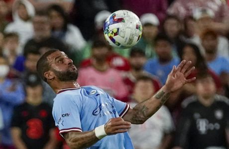 Manchester City's Kyle Walker plays the ball during the second half of the team's friendly soccer match against Bayern Munich on Saturday, July 23, 2022, at Lambeau Field in Green Bay, Wis. Manchester City won 1-0. (AP Photo/Morry Gash)