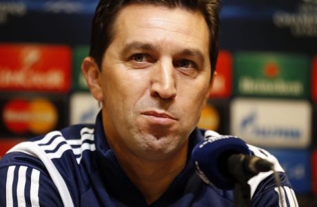 Anderlecht's coach Besnik Hasi addresses journalists during a press conference one day ahead of the Champions League group D soccer match between Borussia Dortmund and Anderlecht in Dortmund, Germany, Monday, Dec. 8, 2014.(AP Photo/Frank Augstein))