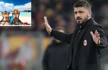 AC Milan coach Gennaro Gattuso gestures during a Serie A soccer match between Roma and AC Milan, at the Rome Olympic stadium, Sunday, Feb. 25, 2018. (AP Photo/Alessandra Tarantino)