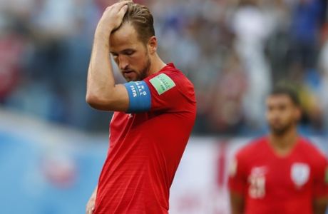 England's Harry Kane reacts after the third place match between England and Belgium at the 2018 soccer World Cup in the St. Petersburg Stadium in St. Petersburg, Russia, Saturday, July 14, 2018. (AP Photo/Natacha Pisarenko)