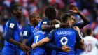 France's forward Kevin Gameiro (Front R) is congratuled by teammates Dimitri Payet (R), Antoine Griezmann (C) and Moussa Sissoko (Rear C), Paul Pogba (L) and Djibril Sidibe after scoring his team's fourth goal during the FIFA World Cup 2018 qualifying football match France vs Bulgaria on October 7, 2016  at the Stade de France stadium in Saint-Denis, north of Paris.   / AFP / FRANCK FIFE        (Photo credit should read FRANCK FIFE/AFP/Getty Images)