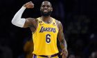 Los Angeles Lakers' LeBron James (6) flexes his arm during the second half of an NBA basketball game against the Houston Rockets Monday, Jan. 16, 2023, in Los Angeles. The Lakers won 140-132. (AP Photo/Jae C. Hong)