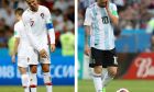 This combo photo shows Argentina's Lionel Messi, right, and Portugal's Cristiano Ronaldo reacting during their round of 16 matches respectively against France and Uruguay, at the 2018 soccer World Cup, at the Kazan Arena and at the Fisht Stadium in Sochi, Russia, Saturday, June 30, 2018. (AP Photo)