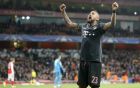 Bayern's Arturo Vidal celebrates after scoring his side's fourth goal during the Champions League round of 16 second leg soccer match between Arsenal and Bayern Munich at the Emirates Stadium in London, Tuesday, March 7, 2017. (AP Photo/Frank Augstein)
