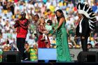RIO DE JANEIRO, BRAZIL - JULY 13: (L to R) Musicians Wyclef Jean, Alexandre Pires, Shakira, her son Milan, musicians Ivete Sangalo and Carlinhos Brown perform during the closing ceremony prior to the 2014 FIFA World Cup Brazil Final match between Germany and Argentina at Maracana on July 13, 2014 in Rio de Janeiro, Brazil.  (Photo by Alex Livesey - FIFA/FIFA via Getty Images)