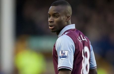 Aston Villa's new signing Yacouba Sylla takes to the pitch for their English Premier League soccer match against Everton at Goodison Park Stadium, Liverpool, England, Saturday Feb. 2, 2013. (AP Photo/Jon Super)