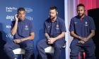 Paris Saint-Germain soccer players, Kylian Mbappe, left, Lionel Messi, center, and Neymar attend a press conference in Tokyo Sunday, July 17, 2022.(AP Photo/Shuji Kajiyama)