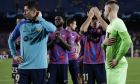 Barcelona players react as applaud fans at the end of the Champions League Group C soccer match between Barcelona and Bayern Munich at the Camp Nou stadium in Barcelona, Spain, Wednesday, Oct. 26, 2022. (AP Photo/Joan Monfort)