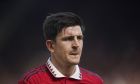 Manchester United's Harry Maguire grimaces during the English Premier League soccer match between Manchester United and Everton, at the Old Trafford stadium in Manchester, England, Saturday, April 8, 2023. (AP Photo/Dave Thompson)