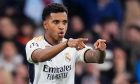Real Madrid's Rodrygo celebrates after scoring his side's first goal during the Champions League Group C soccer match between Real Madrid and Napoli at the Santiago Bernabeu stadium in Madrid, Spain, Wednesday, Nov. 29, 2023. (AP Photo/Manu Fernandez)