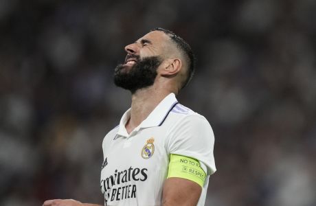 Real Madrid's Karim Benzema reacts during the Champions League group F soccer match between Real Madrid and Shakhtar Donetsk at the Santiago Bernabeu stadium in Madrid, Wednesday, Oct. 5, 2022. (AP Photo/Bernat Armangue)