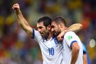 FORTALEZA, BRAZIL - JUNE 24:  Giorgos Karagounis (L) and Giannis Maniatis of Greece celebrate after defeating the Ivory Coast 2-1 during the 2014 FIFA World Cup Brazil Group C match between Greece and the Ivory Coast at Castelao on June 24, 2014 in Fortaleza, Brazil.  (Photo by Laurence Griffiths/Getty Images)