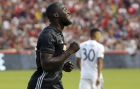 Manchester United forward Romelu Lukaku, celebrates after scoring against Real Salt Lake during the first half of a friendly soccer match Monday, July 17, 2017, in Sandy, Utah. (AP Photo/Rick Bowmer)