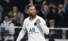 PSG's Sergio Ramos celebrates his goal during the League One soccer match between Angers and Paris Saint Germain, at the Raymond-Kopa stadium in Angers, western France, Wednesday, April 20, 2022. (AP Photo/Jeremias Gonzalez)