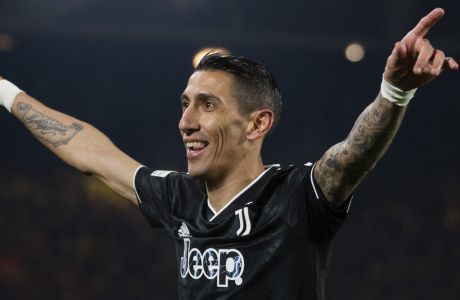 Juventus' Angel Di Maria celebrates after scoring his side third goal during the Europa League play-off second leg soccer match between Nantes and Juventus at the La Beaujoire stadium, Thursday, Feb.23, 2023 in Nantes, western France. (AP Photo/Mathieu Pattier)