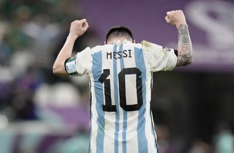 Argentina's Lionel Messi reacts to the final whistle at the end of the World Cup group C soccer match between Argentina and Mexico, at the Lusail Stadium in Lusail, Qatar, Saturday, Nov. 26, 2022. Argentina won 2-0. 