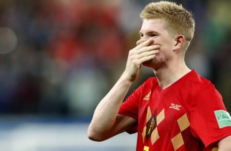 Belgium's Kevin De Bruyne reacts after the semifinal match between France and Belgium at the 2018 soccer World Cup in the St. Petersburg Stadium in, St. Petersburg, Russia, Tuesday, July 10, 2018. (AP Photo/Frank Augstein)