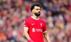 Liverpool's Mohamed Salah during the English Premier League soccer match between Liverpool and Crystal Palace at Anfield Stadium in Liverpool, England, Sunday, April 14, 2024. (AP Photo/Jon Super)