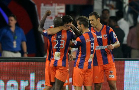 Kostas Katsouranis of FC Pune City celebrates a goal with teammates during match 44 of the Hero Indian Super League between FC Pune City and Atletico de Kolkata FC held at the Shree Shiv Chhatrapati Sports Complex Stadium, Pune, India on the 29th November 2014.

Photo by:  Pal Pillai/ ISL/ SPORTZPICS