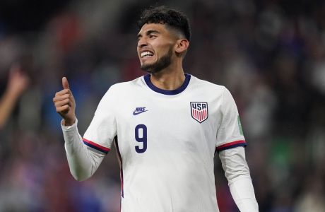 United States' Ricardo Pepi gestures after a play during the first half of a FIFA World Cup qualifying soccer match between Mexico and the United States, Friday, Nov. 12, 2021, in Cincinnati. The U.S. won 2-0. (AP Photo/Julio Cortez)