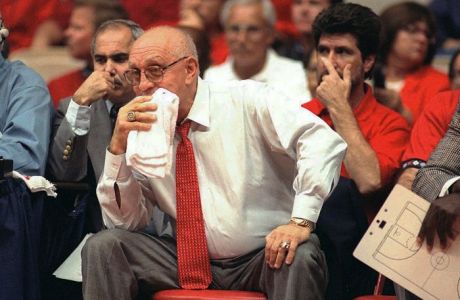 FILE - In this Nov. 15, 1995, file photo, Fresno State coach Jerry Tarkanian watches his team play Weber State during the preseason NIT in Fresno, Calif. Hall of Fame coach Jerry Tarkanian, who built a basketball dynasty at UNLV but was defined more by his decades-long battle with the NCAA, died Wednesday, Feb. 11, 2015, in Las Vegas after several years of health issues. He was 84. (AP Photo/Thor Swift, File)