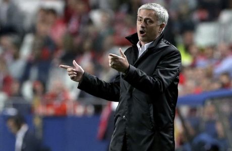 Manchester United coach Jose Mourinho gives instructions to his players during a Champions League group A soccer match between Manchester United and Benfica at Benfica's Luz stadium in Lisbon, Wednesday, Oct. 18, 2017. (AP Photo/Armando Franca)