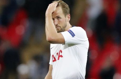 Tottenham forward Harry Kane after the Champions League Group B soccer match between Tottenham Hotspur and Barcelona at Wembley Stadium in London, Wednesday, Oct. 3, 2018. (AP Photo/Frank Augstein)