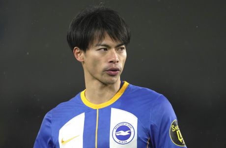 Brighton's Kaoru Mitoma during the Premier League soccer match between Brighton and Hove Albion and Crystal Palace at the American Express Community Stadium in Brighton, England, Wednesday, March 15, 2023. (AP Photo/Kin Cheung)
