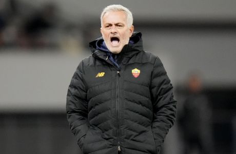Roma's head coach Jose Mourinho reacts during a friendly soccer match against Yokohama F. Marinos in Tokyo, Monday, Nov. 28, 2022.(AP Photo/Shuji Kajiyama)