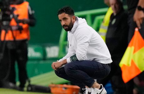 Sporting's head coach Ruben Amorim looks the Portuguese League soccer match between Sporting CP and Benfica at the Alvalade stadium in Lisbon, Sunday, May 21, 2023. (AP Photo/Armando Franca)