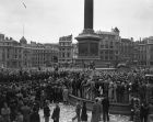 Sir Oswald Mosleys Fascist marchers arrived from Kentish Town for their meeting in Trafalgar Square, in London, on July 4, 1937. On one side of the police cordon fascists are saluting their leader Sir Oswald Mosley, standing on the base of Nelson's Column. (AP Photo)