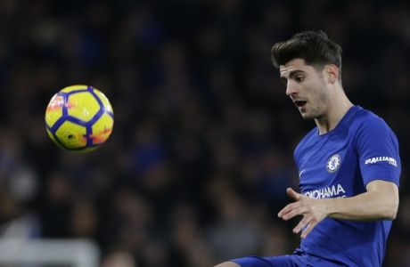 Chelsea's Alvaro Morata looks to control the ball during the English Premier League soccer match between Chelsea and West Bromwich Albion at Stamford Bridge stadium in London, Monday, Feb. 12, 2018. (AP Photo/Alastair Grant)